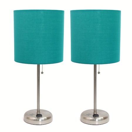 Brushed Steel Stick Lamp With Charging Outlet Set, Teal, PK 2